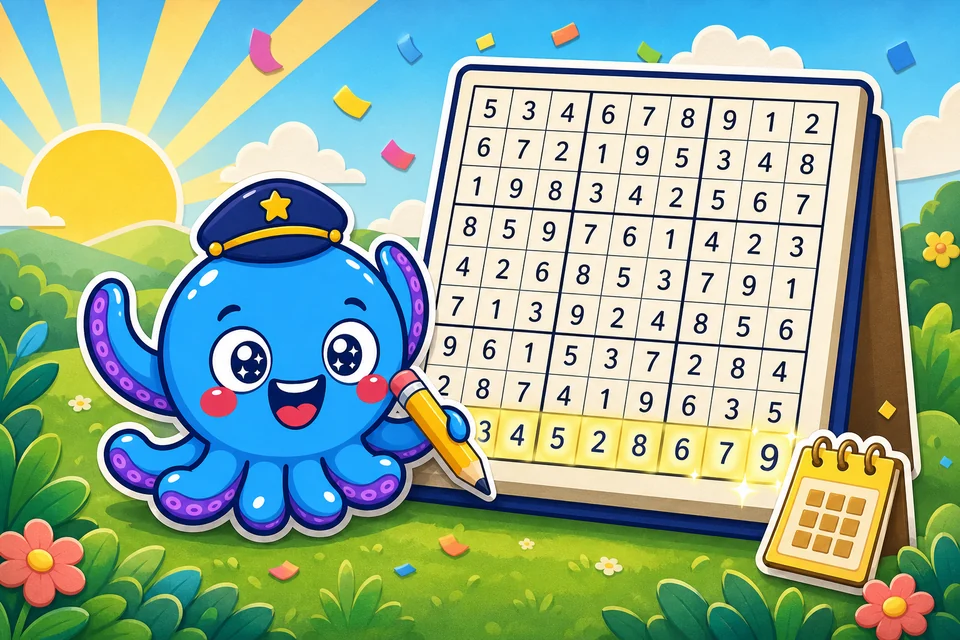 Kru celebrating beside a completed Sudoku grid at sunrise